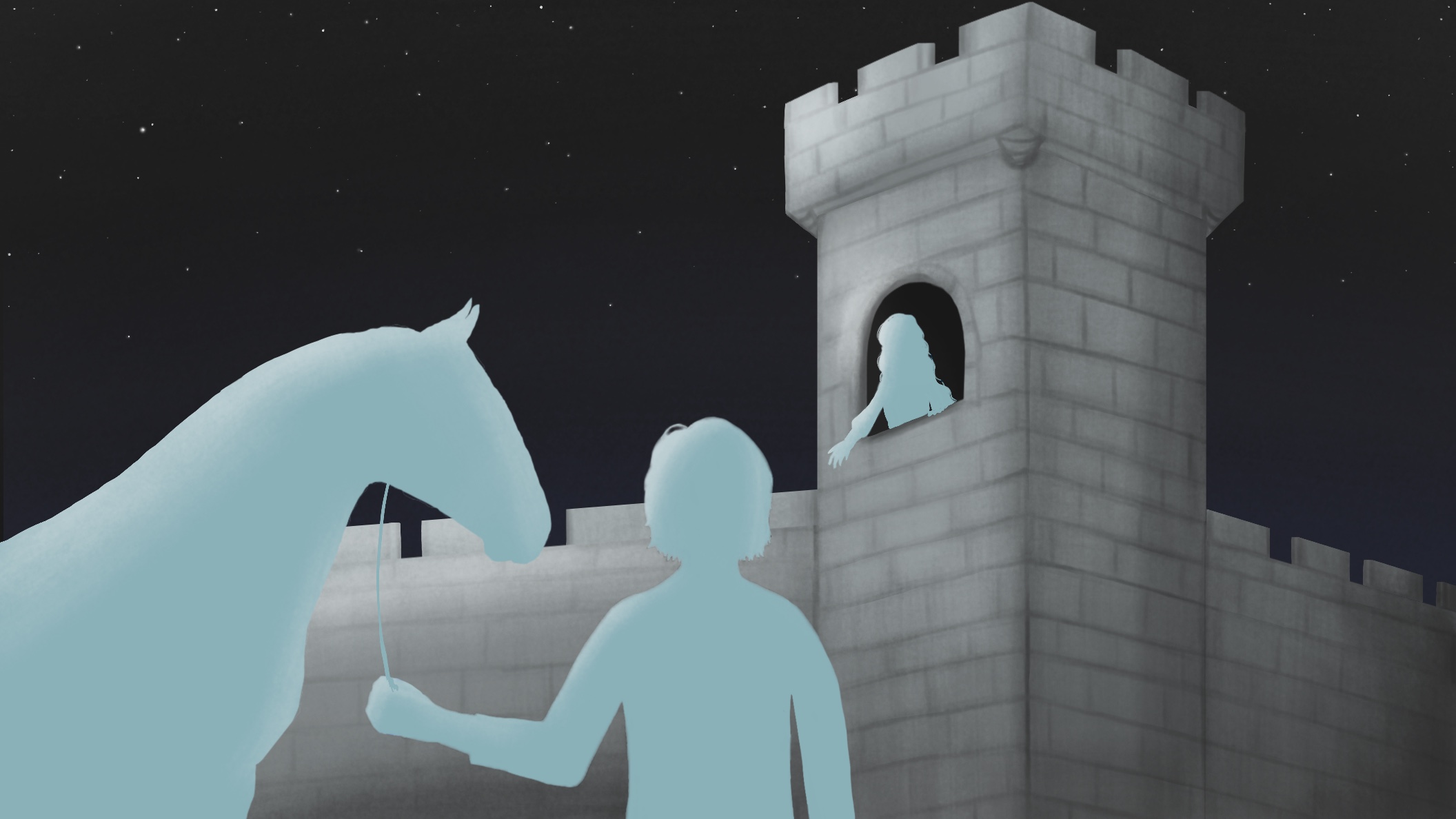 Boy looking up at girl reaching out her hand in a tall castle.