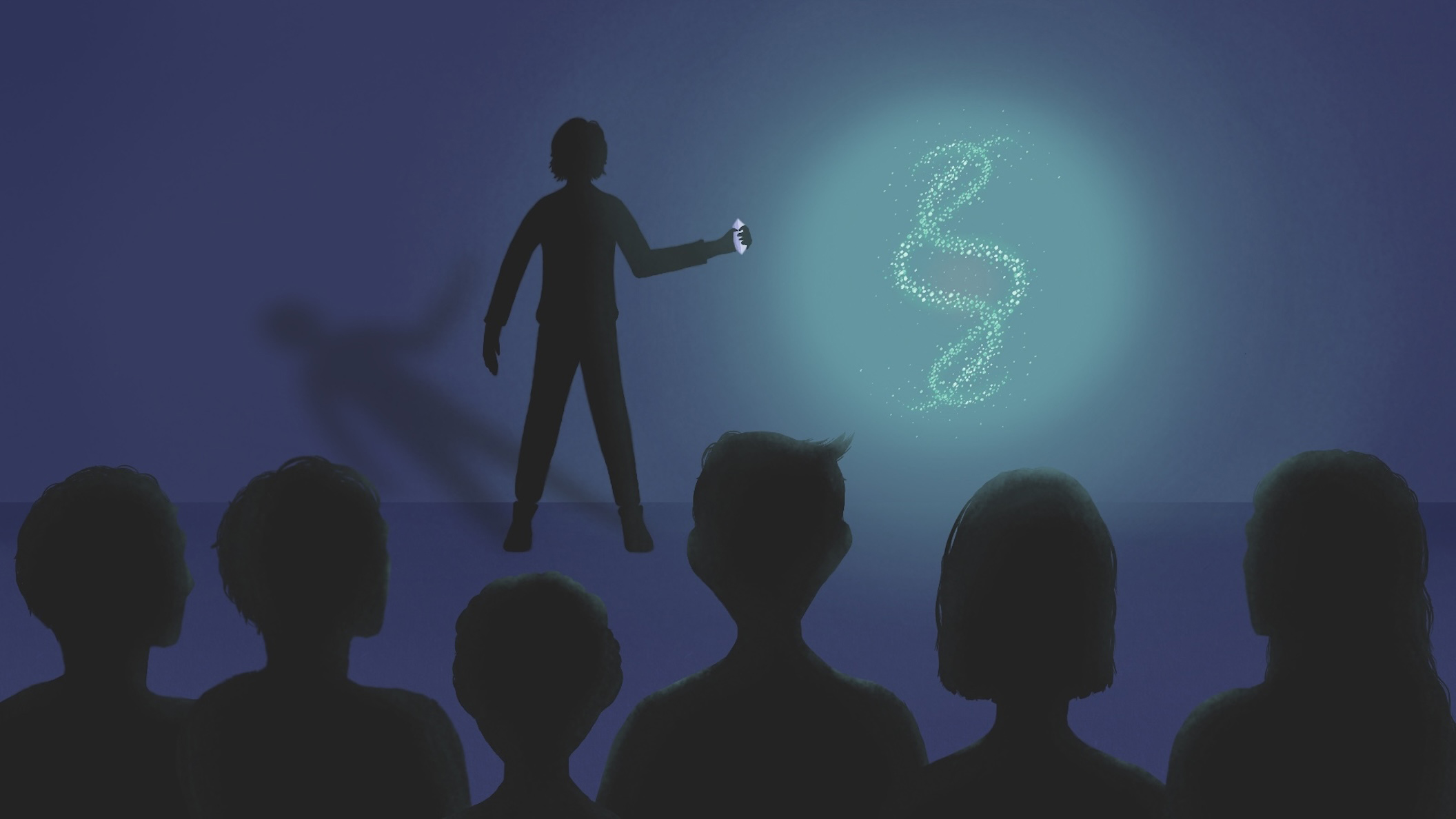 Holo model projecting particles with six figures looking and a boy showing the model in a dark room illumated.