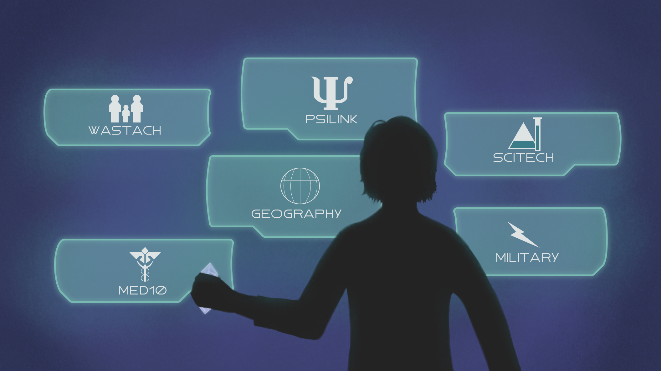 Boy standing with a purple crystal in his hand and holograms in front of him.