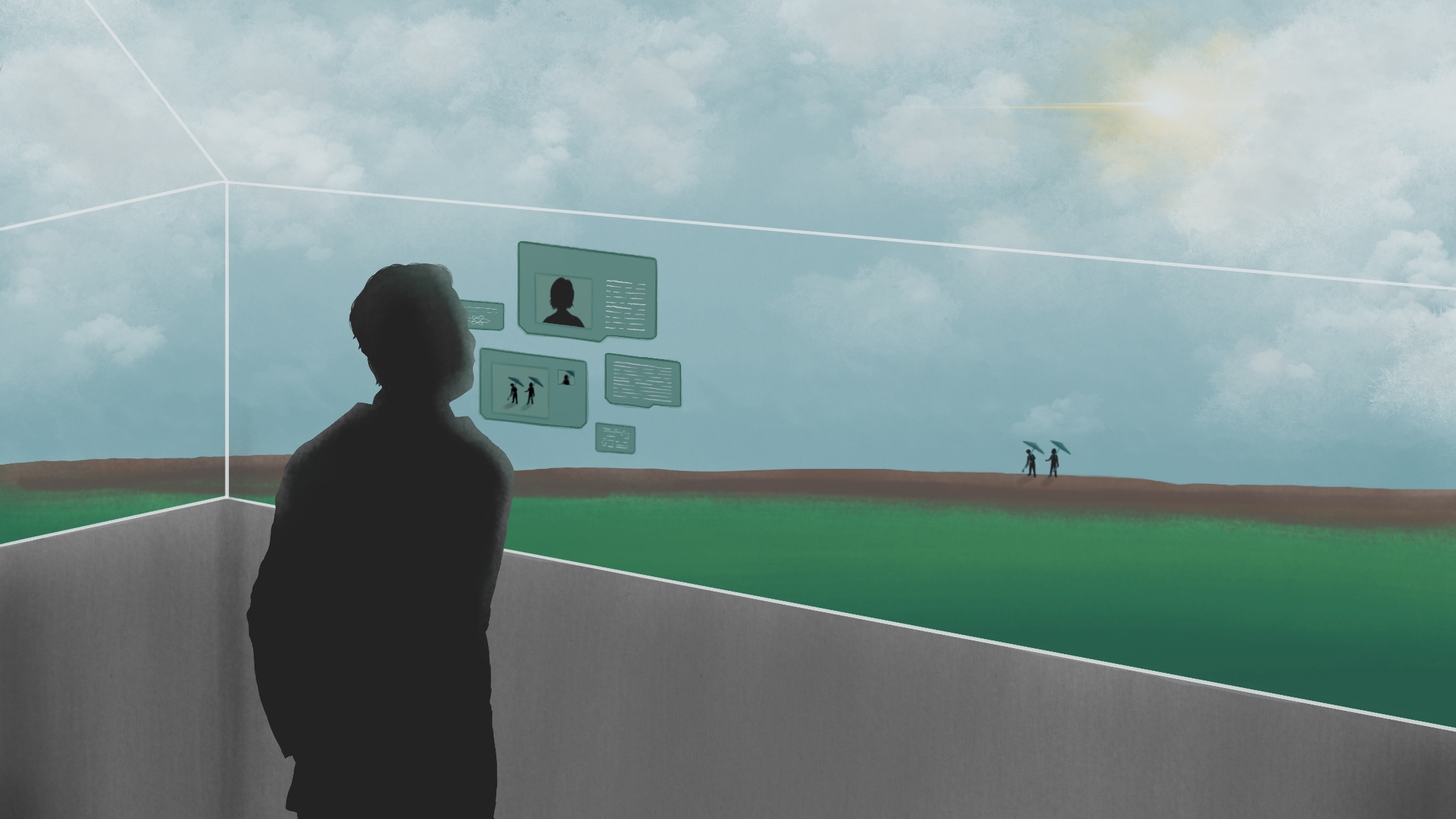 Big male figure standing in a tall structure looking down at the scenery with people in the background.